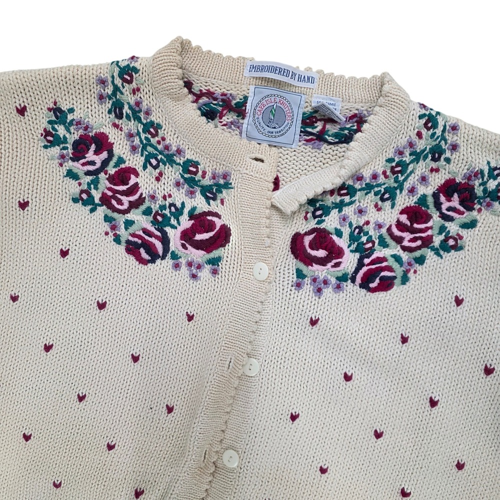 Cape Isle Knitters Vintage Hand Embroidered Floral Cardigan Cream Womens Large‎